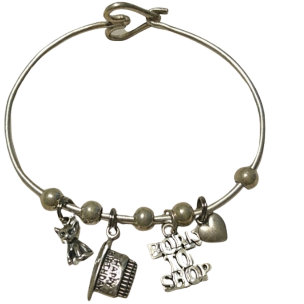 Open Heart Hooked Charm Bangle W/ Birthday Cake, Puppy + More Sterling S